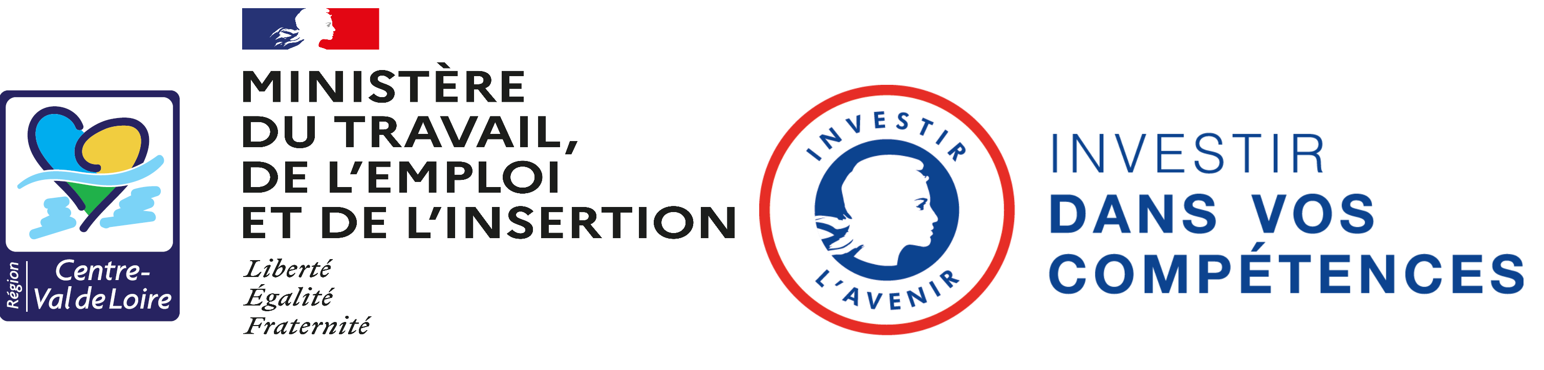 logo Région Centre-Val de Loire, Ministère du travail Haut-commissariat aux compétences et à l'inclusion par l'emploi, Investir l'avenir, Investir dans vos compétences