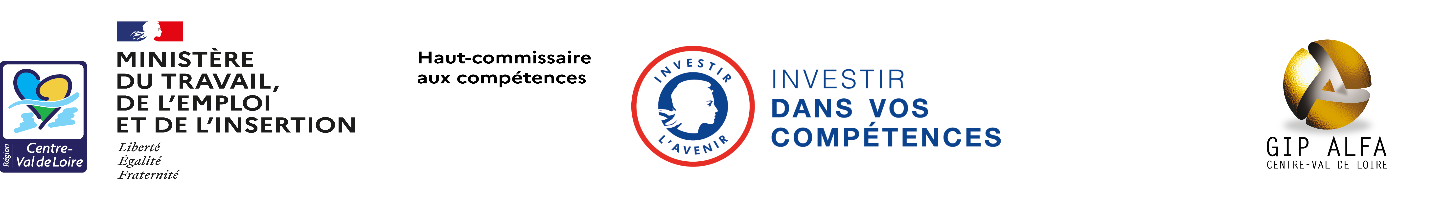 logo Région Centre-Val de Loire, Ministère du travail Haut-commissariat aux compétences et à l'inclusion par l'emploi, Investir l'avenir, Investir dans vos compétences